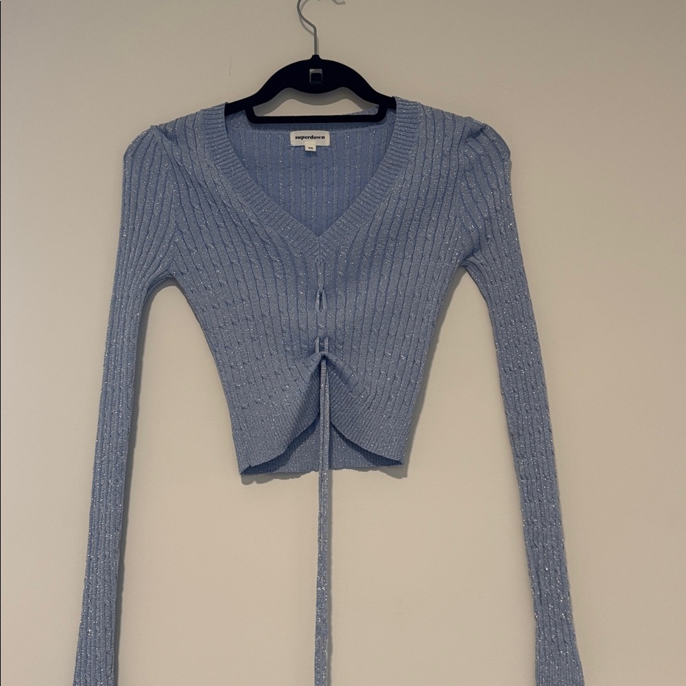 Superdown Sky Blue and metallic Ribbed Knit Top